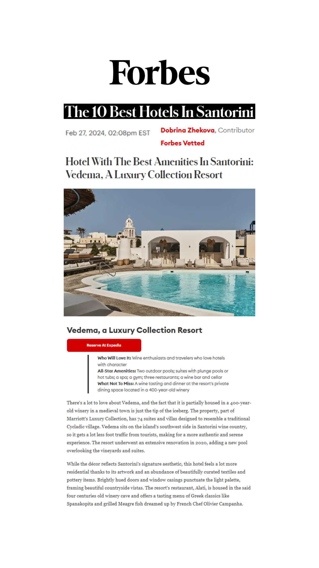 Vedema Hotel Santorini Island Greece Destination Forbes Article Best